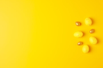 Easter yellow eggs on a yellow background. Flat lay, copy space.