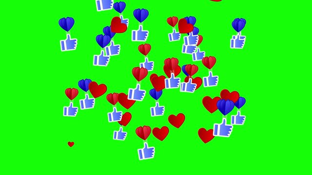 Thumb up flies on a balloon heart flies up. 4k video 2d animation