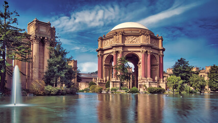 Reflection of The Palace of Fine Arts in arts district of San Francisco