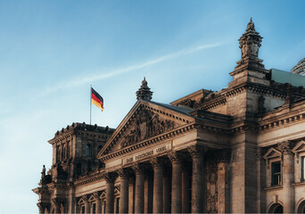 View towards Reichstag, German parliament building in the government district in Berlin.