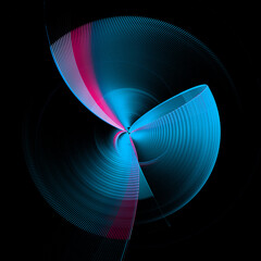 The blue with red and white stripes of the abstract propeller blades are bow-like and rotate against a black background. Graphic design element. 3d rendering. 3d illustration. Sign, icon, symbol.