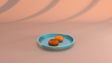 Mandrins on a ceramoc plate. Pink shadows background. 3d rendering.