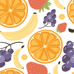Seamless pattern with various tropical fruits on white. Vector drawing of fruit.