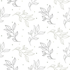Seamless leaves spring pattern line style. Light natural foliage with dots print design.