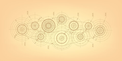 Retro technical drawing.Rotating gears.School physics.Rotating mechanism of round parts.Vector illustration.
