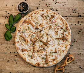 Pizza with chanterelles and chicken. Spicy basil leaves