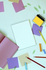  Stationery, blank notepads on the table, top view 