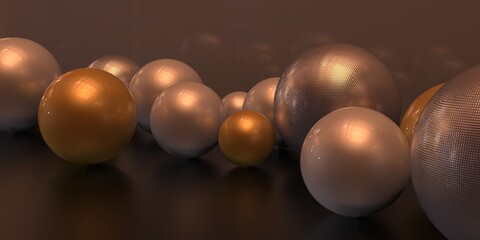 Background with golden balls.Festive banner for inscription.Metal spheres.Studio room.3d illustration.	