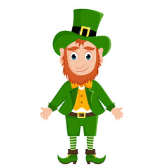 Cute cartoon leprechaun in a green suit and hat, illustration for St. Patrick's Day. Vector illustration isolated on a white background.