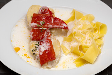 codfish with almond milk foam, paprika and noodles