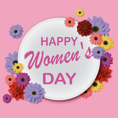 Hand painted nature flower holiday frame with multicolored gerbera flowers bouquet on pink background with white space for March 8 text for greeting card for women's day