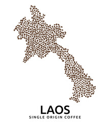 Shape of Laos map made of scattered coffee beans, country name below