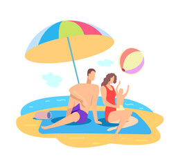 Obraz na płótnie Canvas Family summer beach vacation at the sea. Mom, dad and baby. Rest at the sea. Isolated on a white background. Summer, warmth, water. Vector flat illustration