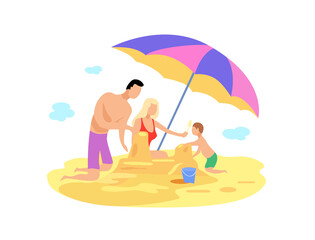 Family summer beach vacation at the sea. Mom, dad and baby. Rest at the sea. Build sand castles. Isolated on a white background. Vector flat illustration.