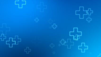 Medical health blue cross neon light shapes pattern background. Abstract healthcare technology and science concept.