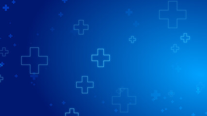 Medical health blue cross neon light shapes pattern healthcare technology background.
