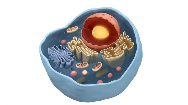 Internal structure of an animal cell, 3d rendering. Section view.