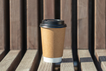 paper cup of coffee in the park on a wooden bench