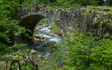 Fototapeta na wymiar A rapid mountain stream flowing under an arched bridge made out of stone. Summer time, the forest is all grean. Capatanii massif, Carpathia, Romania.