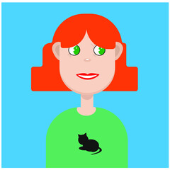 Vector illustration. The girl with red hair. With a kitten.