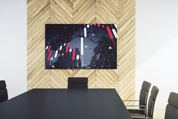 Abstract creative financial graph with world map on presentation screen in a modern conference room, forex and investment concept. 3D Rendering