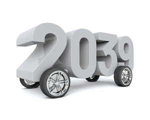 Obraz na płótnie Canvas 3D illustration of the number 2039 with car wheels on a white background