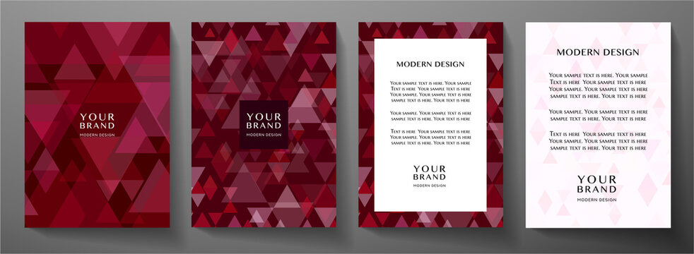 Modern maroon cover, frame design set with abstract creative triangle pattern. Ruby geometric vector backdrop for notebook cover, business background, brochure template