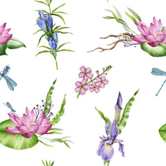 Seamless watercolor floral pattern. Garden and water flowers, wild herbs on white background. Perfect for packaging, wallpapers, romantic events, postcards, greeting cards, wedding invitations.