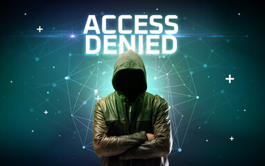 Mysterious hacker with ACCESS DENIED inscription, online attack concept inscription, online...