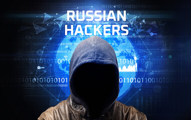 Faceless hacker at work with RUSSIAN HACKERS inscription, Computer security concept