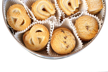 Danish butter cookies in box isolated on white background