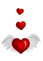 Red  shining hearts. Big and small hearts with wings background. Happy Valentine's Day card  Mother's Day  Birthday  Holidays with heart love.