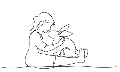 Obraz premium Happy Easter. Girl sitting with rabbit. Continuous one line drawing