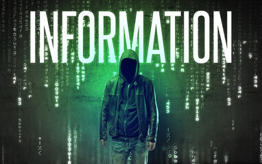 Faceless hacker with INFORMATION inscription, hacking concept