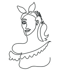One line drawing of woman with bunny ears.
One continuous line drawing of cute woman in bunny ears.
