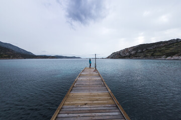 Naklejka premium A girl stands on the pier and looks at the sea