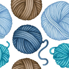 Watercolor Yarn Skeins Seamless Pattern. Colorful turquoise blue brown Wool Threads Balls. Knitting, Crochet Hobby. Hand drawn background for knitters blog design, wrapping paper, textile, package