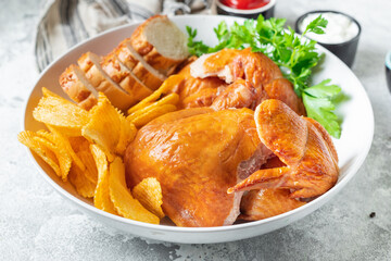 chicken pieces fried barbecue meat or grilled fast food poultry portion on the table meal snack top view copy space food background rustic image