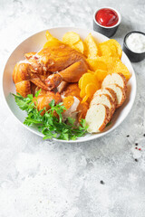 chicken pieces fried barbecue meat or grilled fast food poultry portion on the table meal snack top view copy space food background rustic image