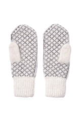 Warm woolen knitted mittens isolated on white background. Gray k