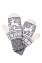 Warm woolen knitted mittens isolated on white background. Gray k