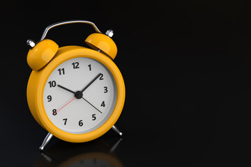 Close up red alarm clock on black background. 3d rendering
