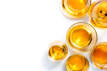 Hard strong alcoholic drinks, spirits and distillates in glasses: vodka, cognac, tequila, scotch, brandy and whiskey, grappa, vermouth, rum. White background