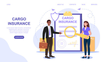 Smiling businessman is going to get his cargo insurance. Woman is checking cargo insurance with magnifier. Business deal. Website, web page, landing page template. Flat cartoon vector illustration
