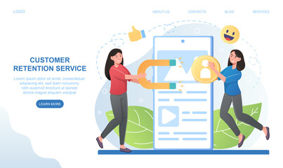 Female character is holding womans coin by magnet. Concept of customer retention. Digital retention of customers online. Website, web page, landing page template. Flat cartoon vector illustration