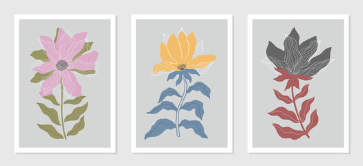 Fototapeta na wymiar Set of three vector colorful flowers in frames.