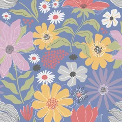 Türaufkleber Vector seamless pattern. Spring colorful flowers on blue background. © nasty__bo