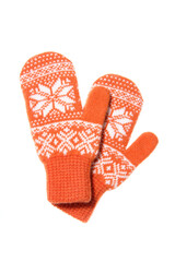 Warm woolen knitted mittens isolated on white background. Orange
