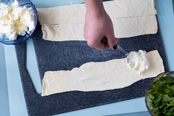 Cheese spinach pie. Salty cake recipe. Step by step. View from above. The girl is cooking. Step 7 © Дарья Сахарова