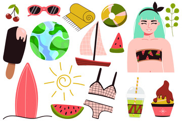 A set of summer things for the beach. Travel to a sunny country. Happy girl in a bikini is resting at the sea. A woman in a swimsuit sunbathes and relaxes near the water. Summer rest. vector